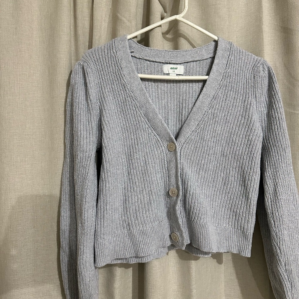 Gray V-Neck Cropped Button-Up Sweater